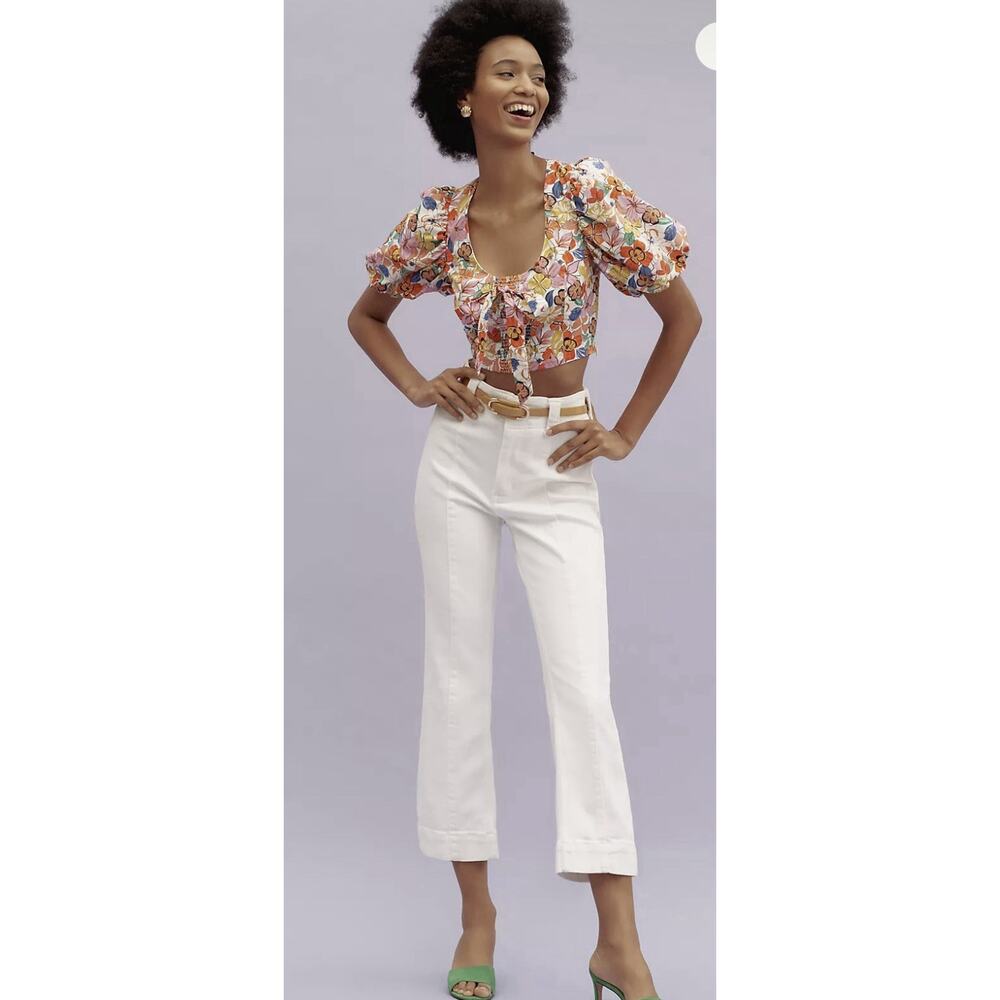 Anthropologie Pilcro 70s Slim High Rise Crop Flare White Jeans 27 Stretch
